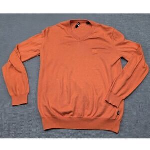 Hugo Boss Mens Orange V-Neck Sweater Long Sleeve Knit Logo Pullover Size M
